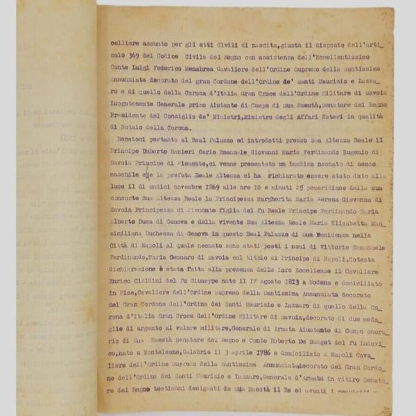 Atto di nascita di Vittorio Emanuele Ferdinando Maria Gennaro di Savoia principe di Napoli. www.colonneselibri.it