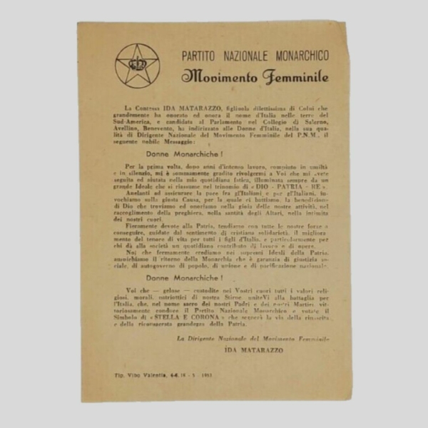 Elezioni 1953. Partito Monarchico, Ida Matarazzo. www.colonneselibri.it