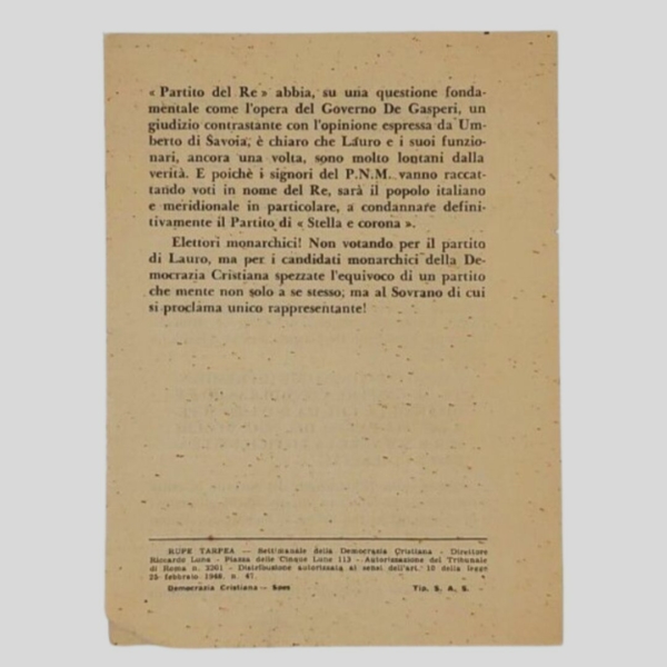 Propaganda elettorale. La Democrazia Cristiana contro Achille Lauro, il Partito Monarchico e la Massoneria. www.colonneselibri.it