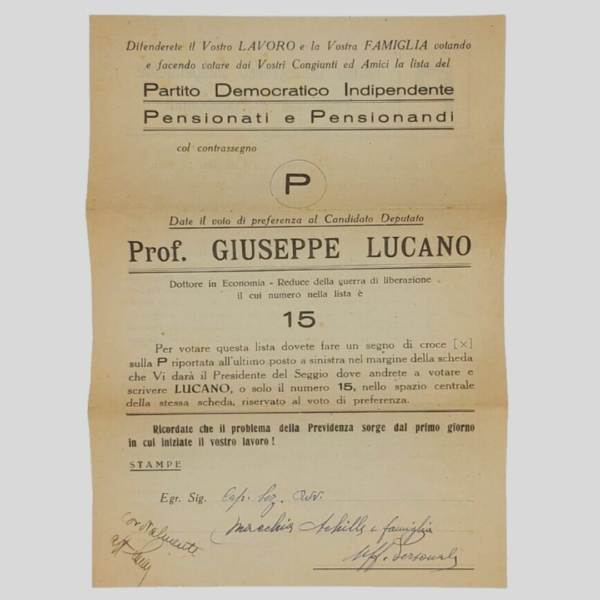 Elezioni Politiche del 1948. Giuseppe Lucano candidato alla Camera dei Deputati. www.colonneselibri.it