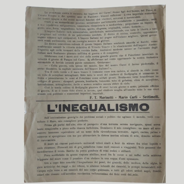 Futurismo. MARINETTI Filippo Tommaso ed altri - A Benito Mussolini L'Inegualismo. www.colonneselibri.it