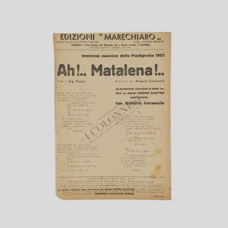 Copielle. Ah! Matalena! Canzone napoletana Piedigrotta 1933. www.colonneselibri.it