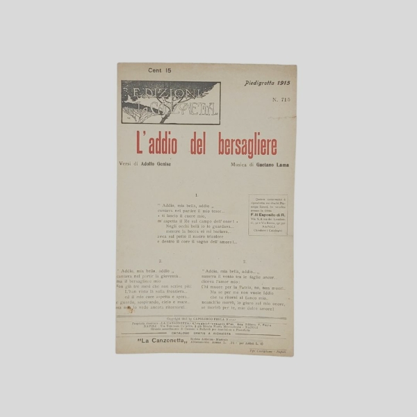 L'addio del bersagliere. Genise - Lama. Piedigrotta 1915. www.colonneselibri.it