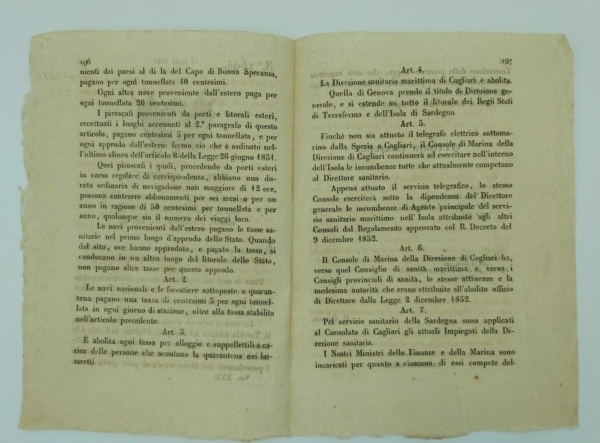 Tasse sanitarie per le navi in approdo nei porti dello Stato. Vittorio Emanuele II di Savoia. Torino 1854. www.colonneselibri.it