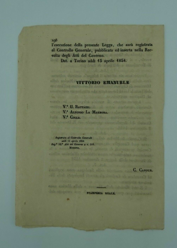 Tasse sanitarie per le navi in approdo nei porti dello Stato. Vittorio Emanuele II di Savoia. Torino 1854. www.colonneselibri.it